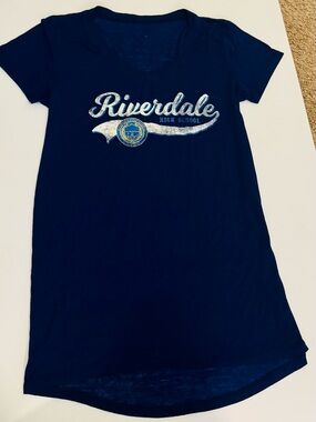 Riverdale Graphic Tee Dress - Navy with White & Gold Logo Women’s Size M